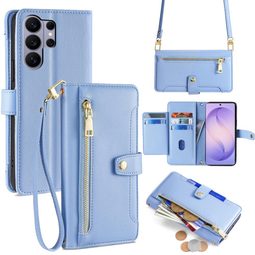 Samsung Galaxy S26 Ultra 5G Sheep Texture Cross-body Zipper Wallet Leather Phone Case - Blue