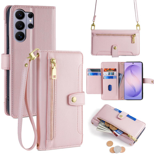 Samsung Galaxy S26 Ultra 5G Sheep Texture Cross-body Zipper Wallet Leather Phone Case - Pink