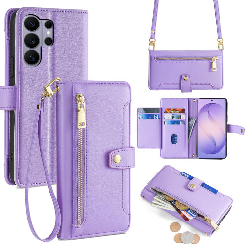 Samsung Galaxy S26 Ultra 5G Sheep Texture Cross-body Zipper Wallet Leather Phone Case - Purple