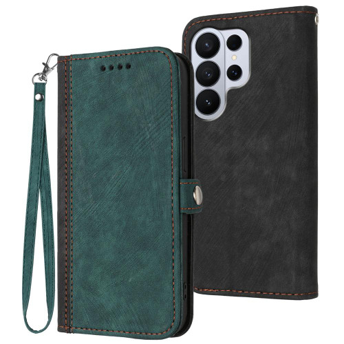 Samsung Galaxy S26 Ultra 5G Side Buckle Double Fold Hand Strap Leather Phone Case - Dark Green
