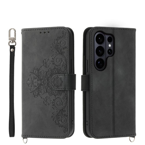 Samsung Galaxy S26 Ultra 5G Skin Feel Flowers Embossed Wallet Leather Phone Case - Black