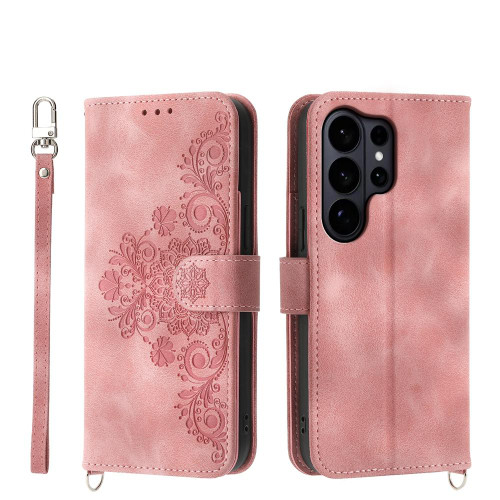 Samsung Galaxy S26 Ultra 5G Skin Feel Flowers Embossed Wallet Leather Phone Case - Pink