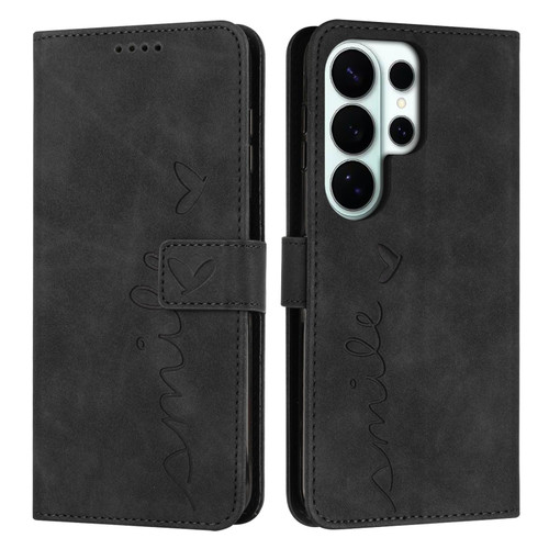 Samsung Galaxy S26 Ultra 5G Skin Feel Heart Embossed Leather Phone Case with Long Lanyard - Black