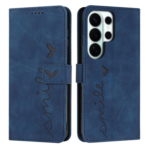 Samsung Galaxy S26 Ultra 5G Skin Feel Heart Embossed Leather Phone Case with Long Lanyard - Blue
