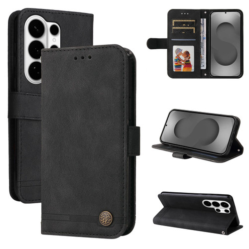 Samsung Galaxy S26 Ultra 5G Skin Feel Life Tree Metal Button Leather Phone Case - Black