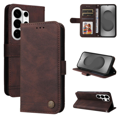 Samsung Galaxy S26 Ultra 5G Skin Feel Life Tree Metal Button Leather Phone Case - Brown