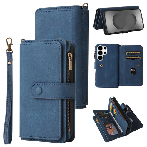 Samsung Galaxy S26 Ultra 5G Skin Feel Multi Card Slots Zipper Wallet Leather Phone Case - Blue