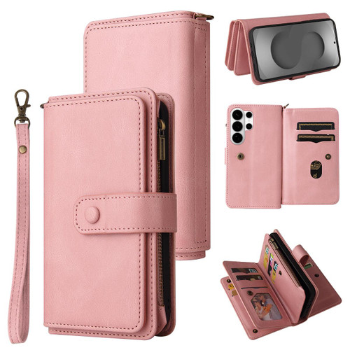 Samsung Galaxy S26 Ultra 5G Skin Feel Multi Card Slots Zipper Wallet Leather Phone Case - Pink