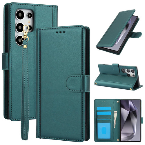 Samsung Galaxy S26 Ultra 5G Skin Feel Pure Color Card Slots Leather Phone Case with Dual Lanyard - Green