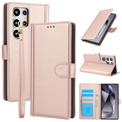 Samsung Galaxy S26 Ultra 5G Skin Feel Pure Color Card Slots Leather Phone Case with Dual Lanyard - Rose Gold