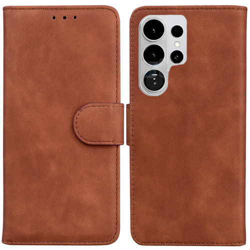 Samsung Galaxy S26 Ultra 5G Skin Feel Pure Color Flip Leather Phone Case - Brown