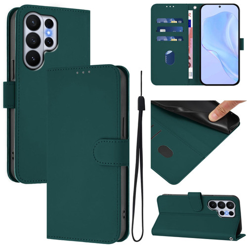 Samsung Galaxy S26 Ultra 5G Skin Feel Solid Color Leather Phone Case with Lanyard - Dark Green