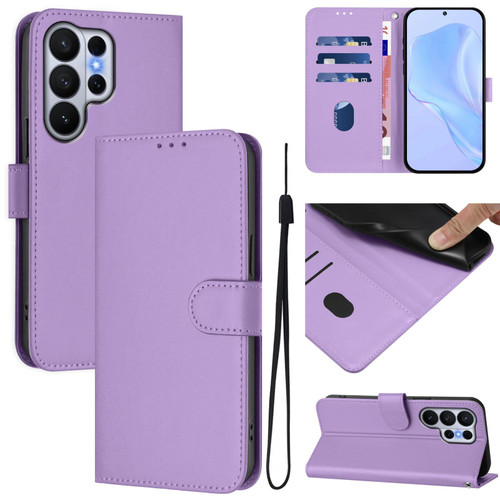 Samsung Galaxy S26 Ultra 5G Skin Feel Solid Color Leather Phone Case with Lanyard - Lavender Purple