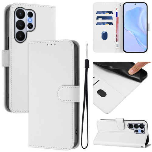 Samsung Galaxy S26 Ultra 5G Skin Feel Solid Color Leather Phone Case with Lanyard - White