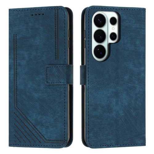 Samsung Galaxy S26 Ultra 5G Skin Feel Stripe Pattern Leather Phone Case with Lanyard - Blue