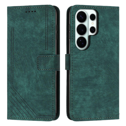 Samsung Galaxy S26 Ultra 5G Skin Feel Stripe Pattern Leather Phone Case with Lanyard - Green