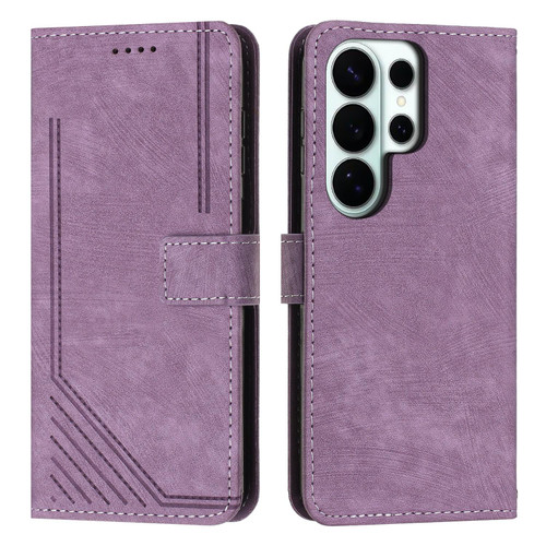 Samsung Galaxy S26 Ultra 5G Skin Feel Stripe Pattern Leather Phone Case with Lanyard - Purple