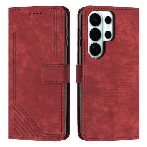 Samsung Galaxy S26 Ultra 5G Skin Feel Stripe Pattern Leather Phone Case with Lanyard - Red
