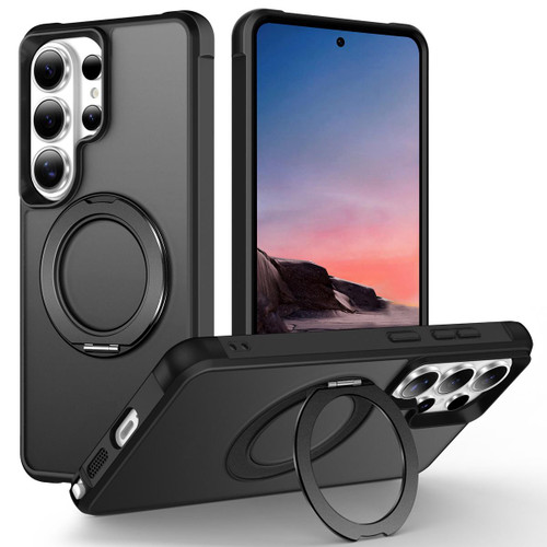 Samsung Galaxy S26 Ultra 5G Skin-Feel Rotary Damping Bracket MagSafe Phone Case - Black