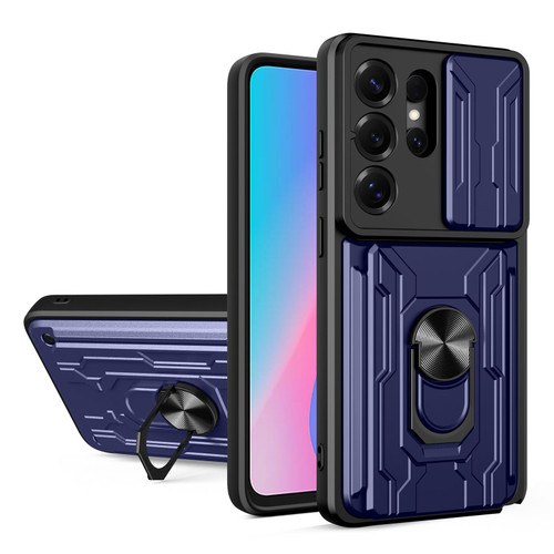 Samsung Galaxy S26 Ultra 5G Sliding Camshield TPU+PC Phone Case with Card Slot - Blue