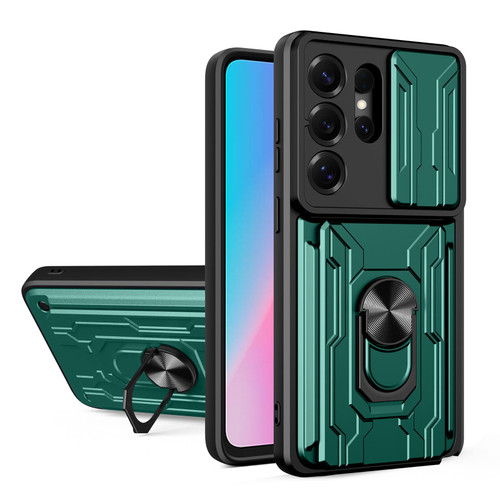 Samsung Galaxy S26 Ultra 5G Sliding Camshield TPU+PC Phone Case with Card Slot - Dark Green
