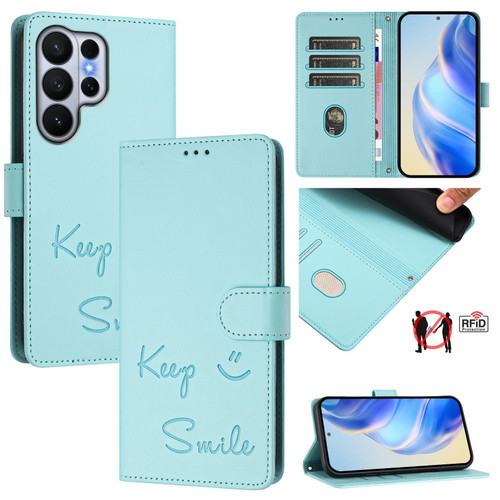 Samsung Galaxy S26 Ultra 5G Smile Embossing RFID Leather Phone Case - Mint Green