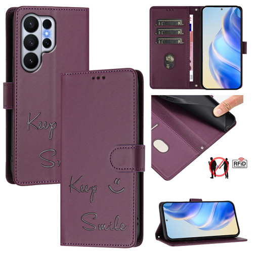 Samsung Galaxy S26 Ultra 5G Smile Embossing RFID Leather Phone Case - Violet