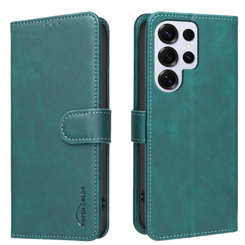 Samsung Galaxy S26 Ultra 5G Solid Color Calfskin Texture RFID Vegan Leather Phone Case - Green