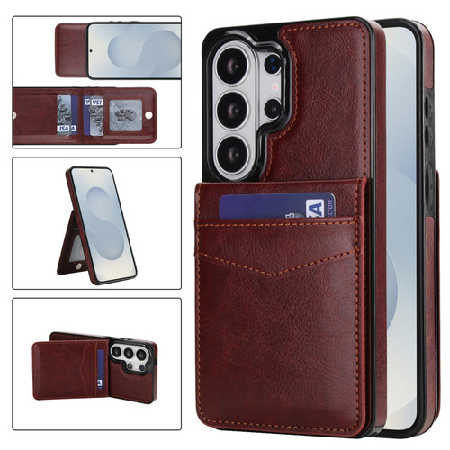 Samsung Galaxy S26 Ultra 5G Solid Color Card Slots Bracket PU Phone Case - Brown