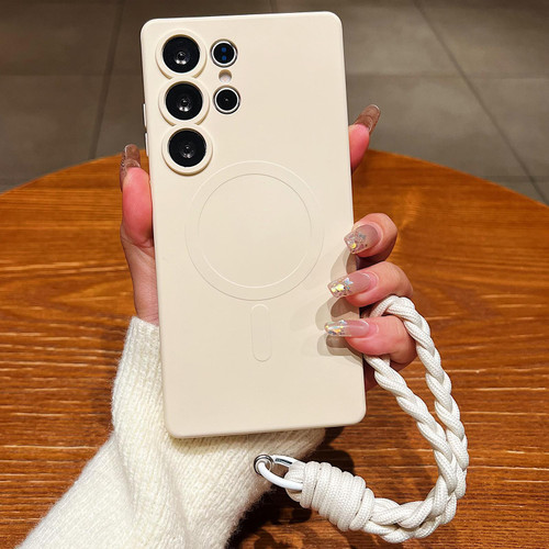 Samsung Galaxy S26 Ultra 5G Solid Color Liquid Silicone Magnetic Phone Case with Lanyard - Antique White