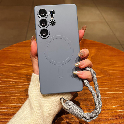 Samsung Galaxy S26 Ultra 5G Solid Color Liquid Silicone Magnetic Phone Case with Lanyard - Grey