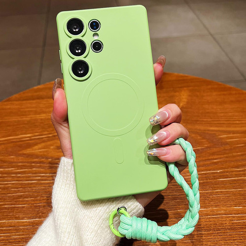 Samsung Galaxy S26 Ultra 5G Solid Color Liquid Silicone Magnetic Phone Case with Lanyard - Matcha Green