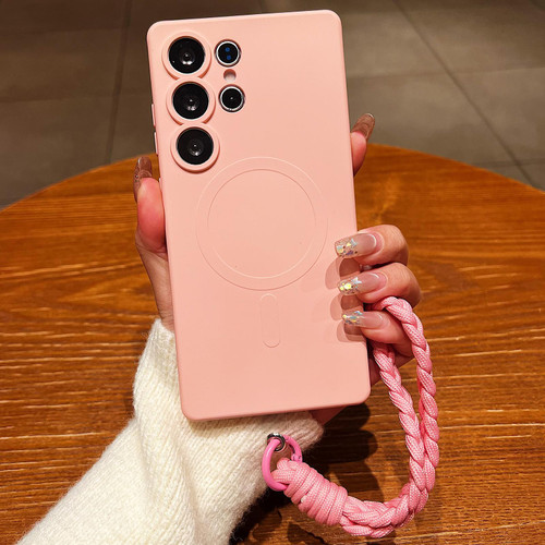 Samsung Galaxy S26 Ultra 5G Solid Color Liquid Silicone Magnetic Phone Case with Lanyard - Pink
