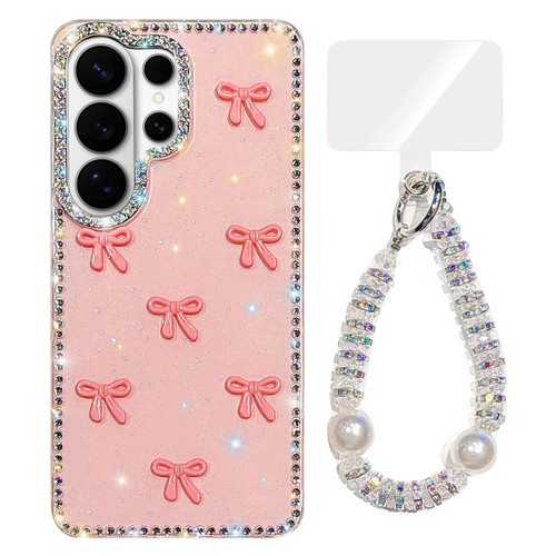 Samsung Galaxy S26 Ultra 5G Sparkling IMD Colorful Bow Phone Case with Bracelet - Glitter Light Pink