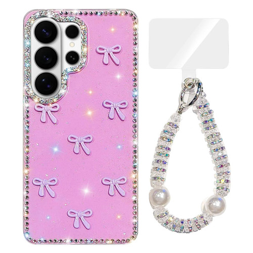 Samsung Galaxy S26 Ultra 5G Sparkling IMD Colorful Bow Phone Case with Bracelet - Glitter Light Purple