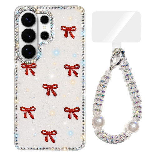 Samsung Galaxy S26 Ultra 5G Sparkling IMD Colorful Bow Phone Case with Bracelet - Glitter White