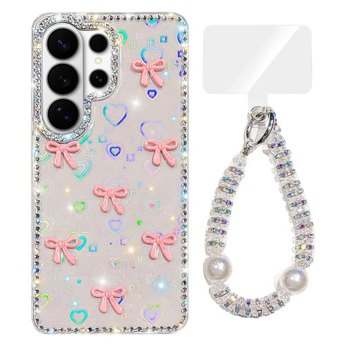 Samsung Galaxy S26 Ultra 5G Sparkling IMD Colorful Bow Phone Case with Bracelet - Love Transparent