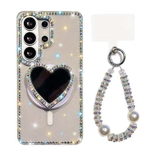 Samsung Galaxy S26 Ultra 5G Sparkling IMD Heart-Shaped Mirror Magnetic Phone Case with Bracelet - Glitter Transparent