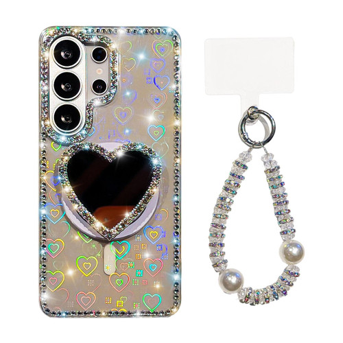 Samsung Galaxy S26 Ultra 5G Sparkling IMD Heart-Shaped Mirror Magnetic Phone Case with Bracelet - Love Transparent
