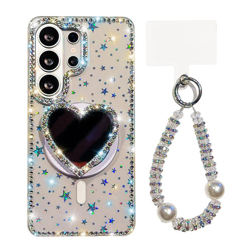 Samsung Galaxy S26 Ultra 5G Sparkling IMD Heart-Shaped Mirror Magnetic Phone Case with Bracelet - Star Transparent
