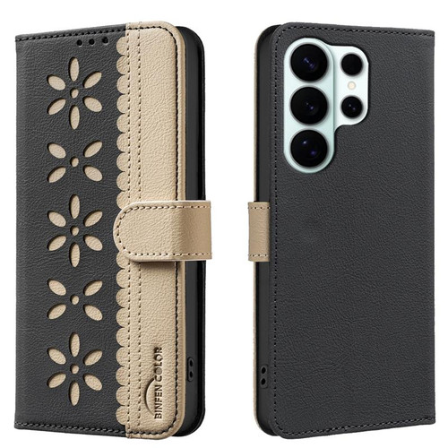 Samsung Galaxy S26 Ultra 5G Splicing Color Hollow Flower Pattern RFID Leather Phone Case - Black