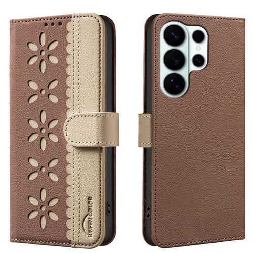 Samsung Galaxy S26 Ultra 5G Splicing Color Hollow Flower Pattern RFID Leather Phone Case - Brown