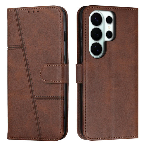Samsung Galaxy S26 Ultra 5G Stitching Calf Texture Buckle Leather Phone Case - Brown