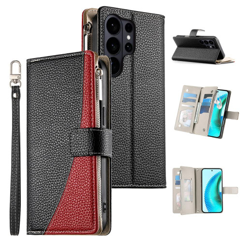 Samsung Galaxy S26 Ultra 5G Stitching Multi-card Zipper Wallet Leather Phone Case with Short Strap - Black