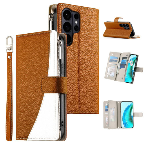 Samsung Galaxy S26 Ultra 5G Stitching Multi-card Zipper Wallet Leather Phone Case with Short Strap - Brown