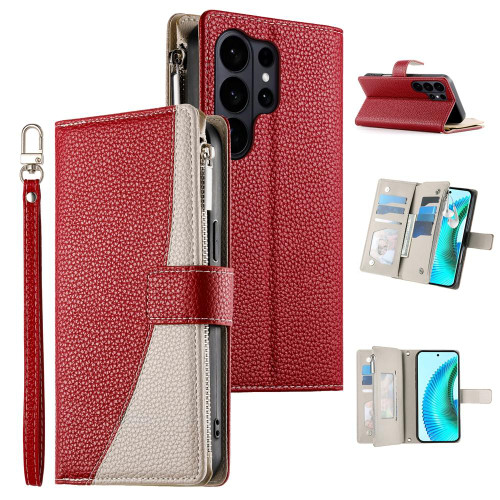 Samsung Galaxy S26 Ultra 5G Stitching Multi-card Zipper Wallet Leather Phone Case with Short Strap - Red