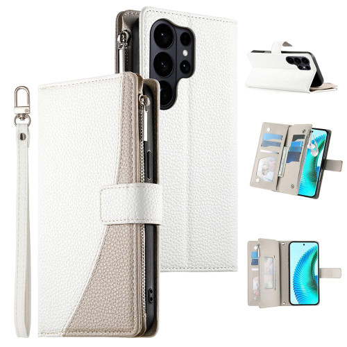 Samsung Galaxy S26 Ultra 5G Stitching Multi-card Zipper Wallet Leather Phone Case with Short Strap - White