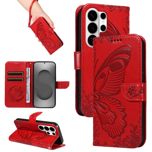 Samsung Galaxy S26 Ultra 5G Swallowtail Butterfly Embossed Leather Phone Case - Red