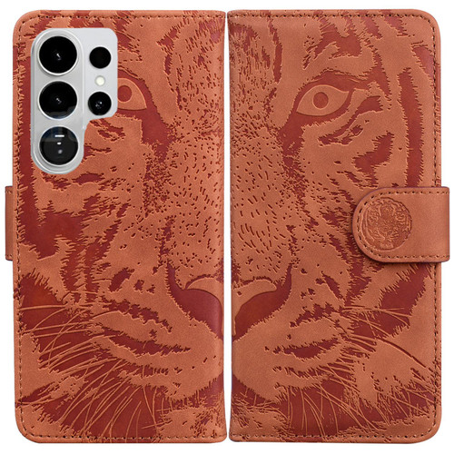 Samsung Galaxy S26 Ultra 5G Tiger Embossing Pattern Flip Leather Phone Case - Brown