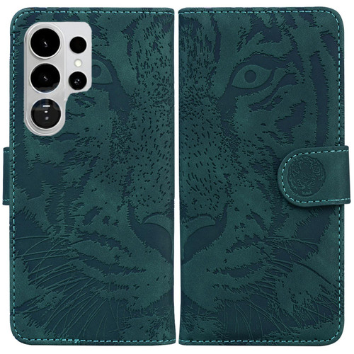 Samsung Galaxy S26 Ultra 5G Tiger Embossing Pattern Flip Leather Phone Case - Green